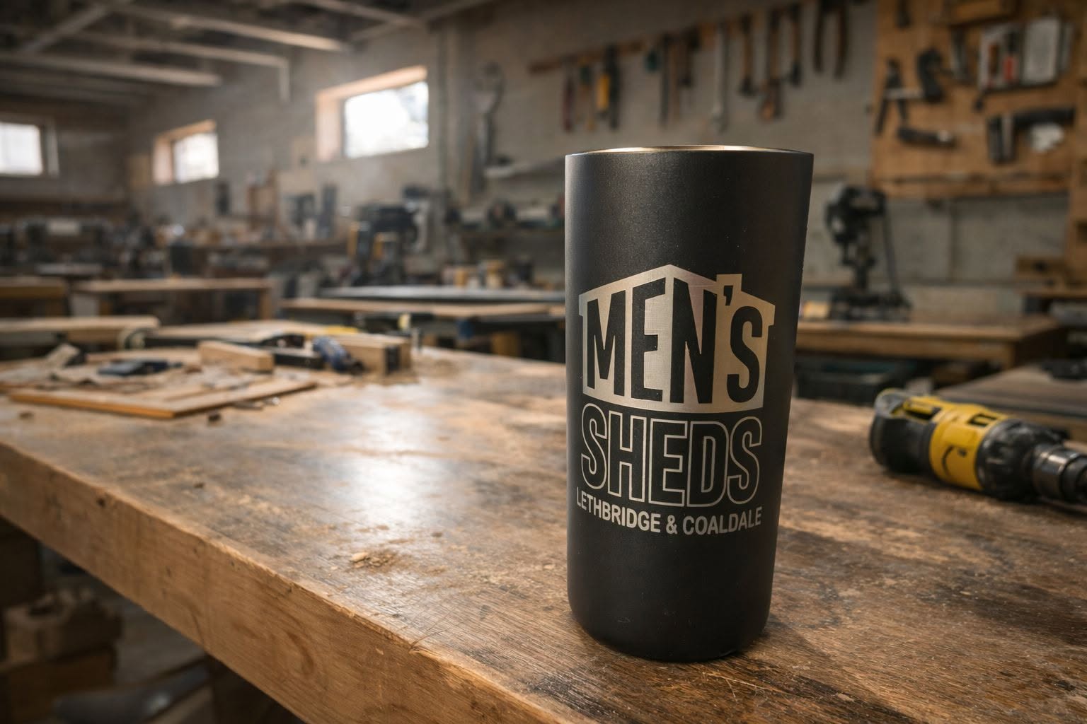Shed tumbler on workbench